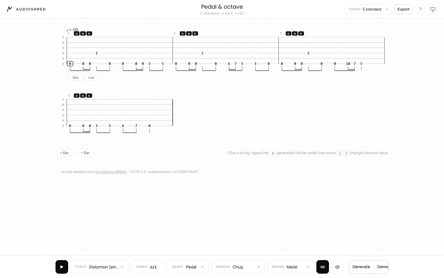 Редактор Audioshred: табулатура на шесть струн, такты, строй в шапке, панель воспроизведения снизу