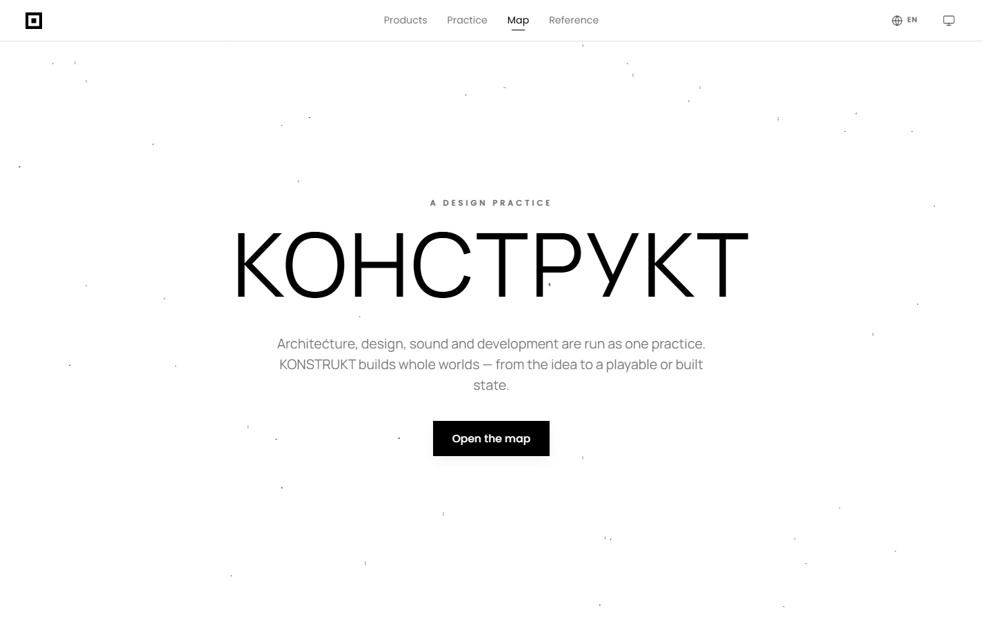 Главная konstrukt.tech: знак студии, навигация из четырёх пунктов, белый холст