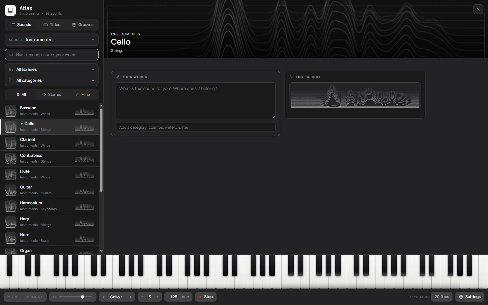 Атлас One True Piano: встроенные инструменты с отпечатками звука, карточка виолончели