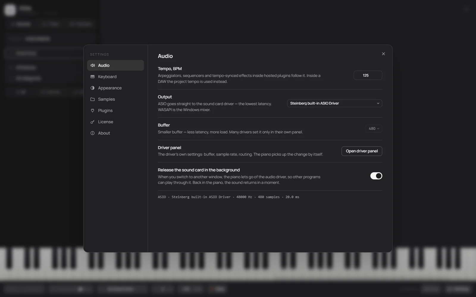 Настройки звука One True Piano: темп, выход ASIO, буфер, панель драйвера