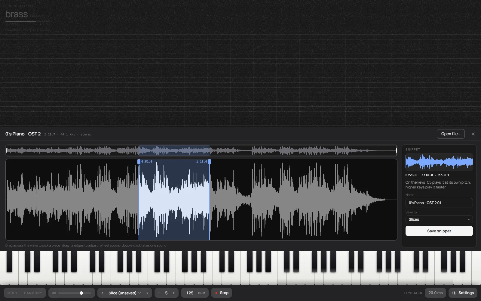 Нарезка в One True Piano: выделенный кусок записи сразу звучит на клавишах, справа карточка Save snippet