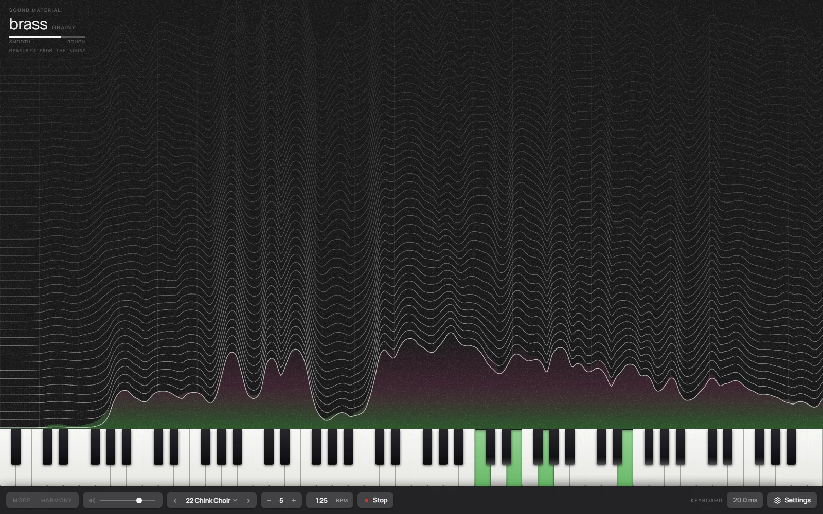 Окно One True Piano: волны спектра поднимаются над клавиатурой на 88 клавиш, нажатые клавиши окрашены цветом звука