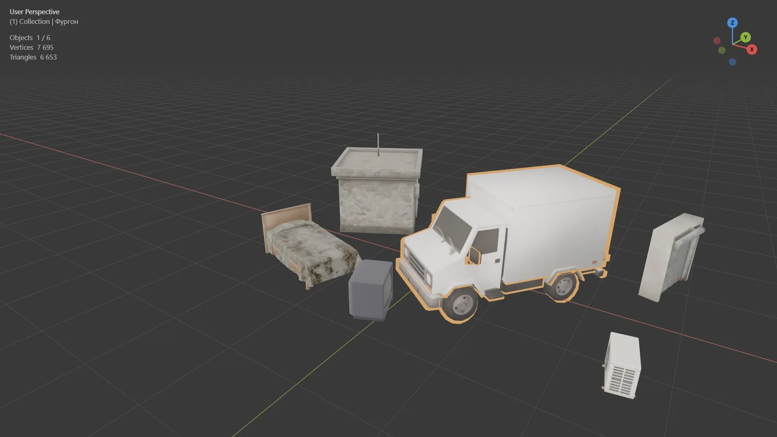 Набор моделей во вьюпорте Blender: фургон, кровать, телевизор, будка